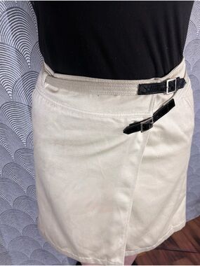 CHANEL Cream Wrap Skirt with Black Patent Buckles